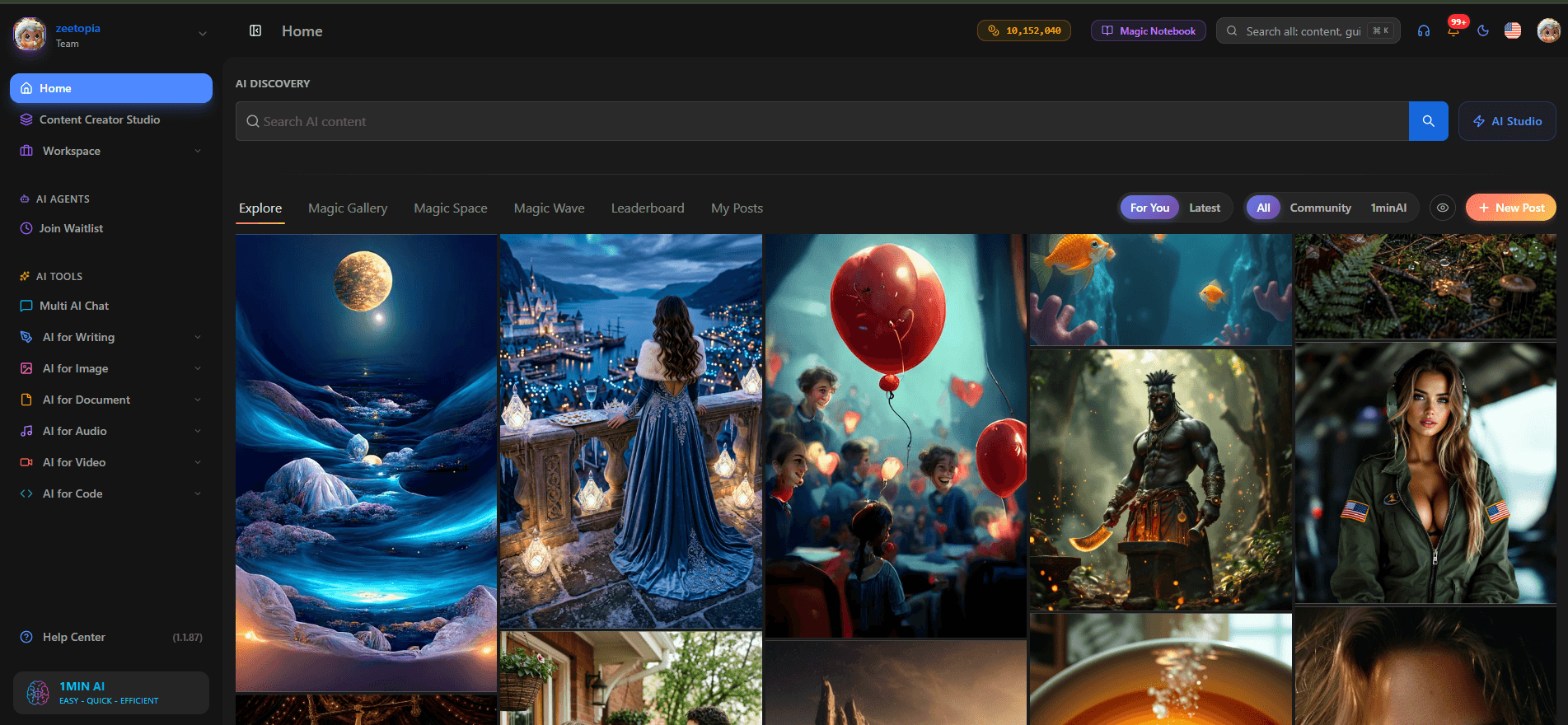 Dark UI displaying a grid of diverse AI-generated images, including fantasy landscapes and character art.