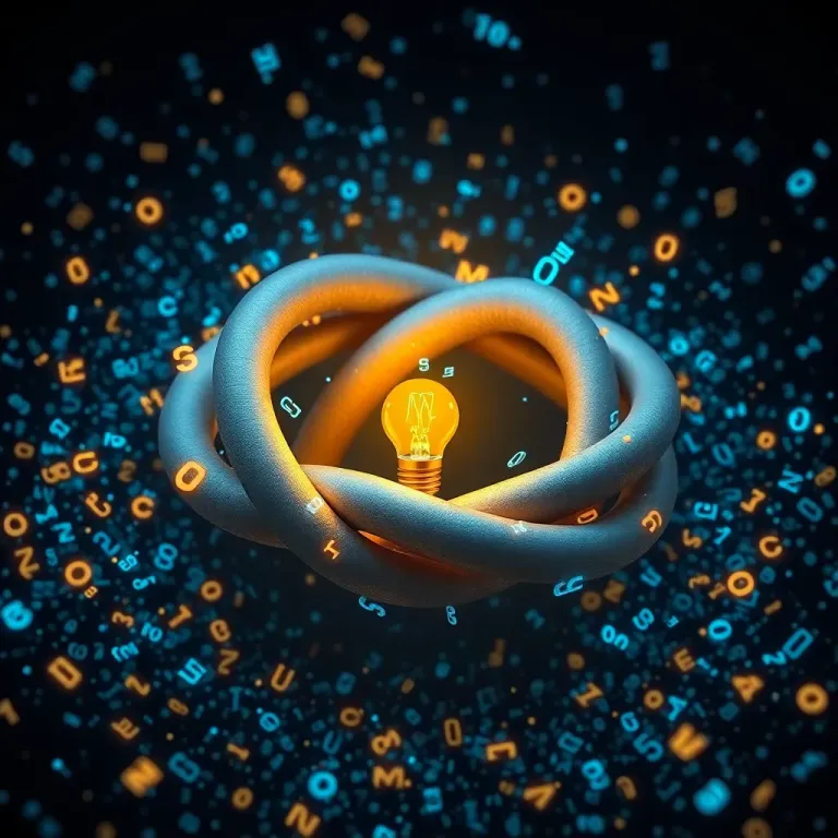 Glowing lightbulb within complex knot surrounded by floating blue and orange alphanumeric data.