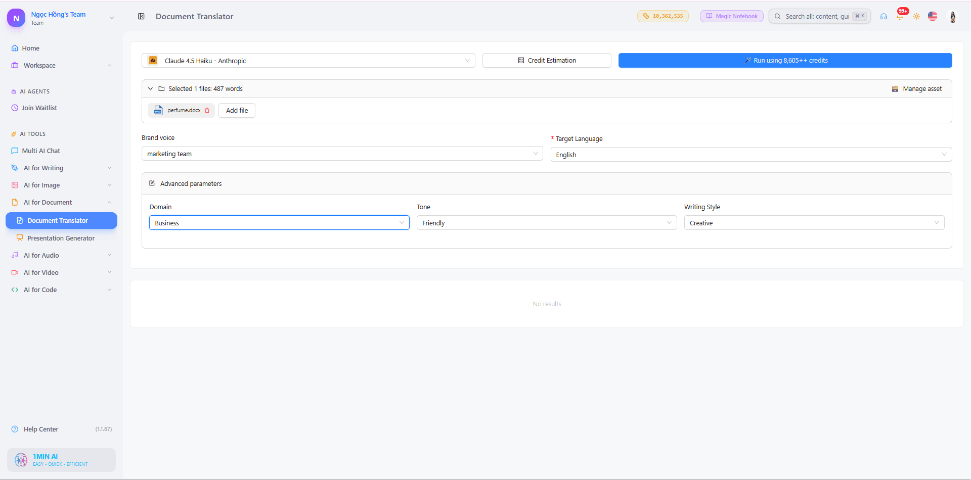 User interface showing a document translation page with English to French translation details.