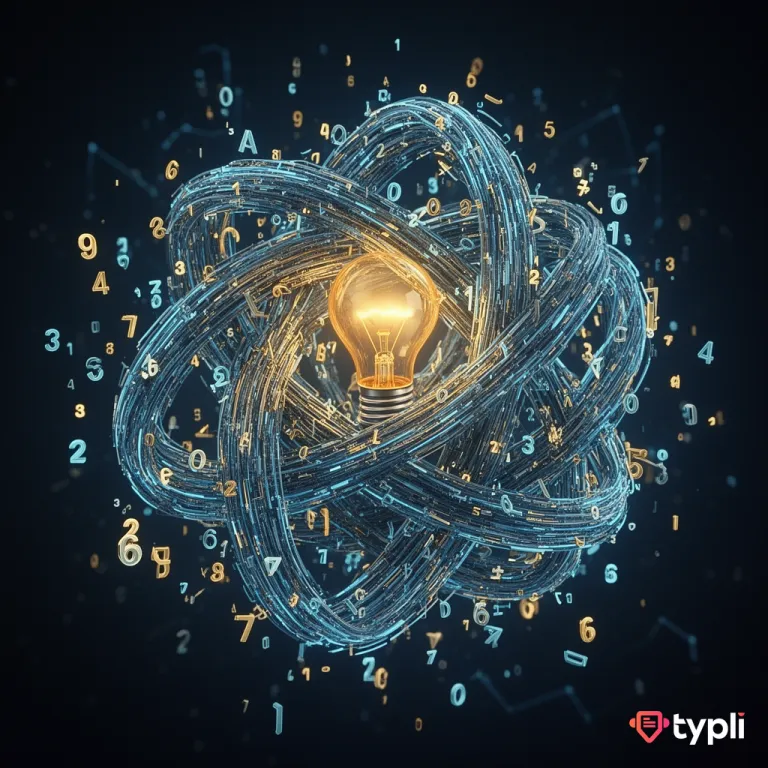 A glowing light bulb surrounded by a swirling digital network of lines and numbers.