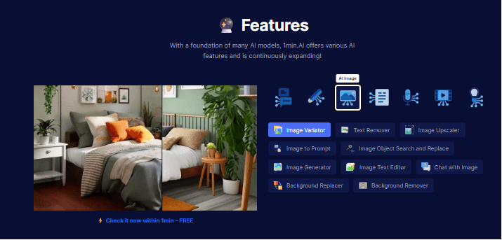 Webpage displaying AI image features, including an "Image Variator" example transforming a bedroom.