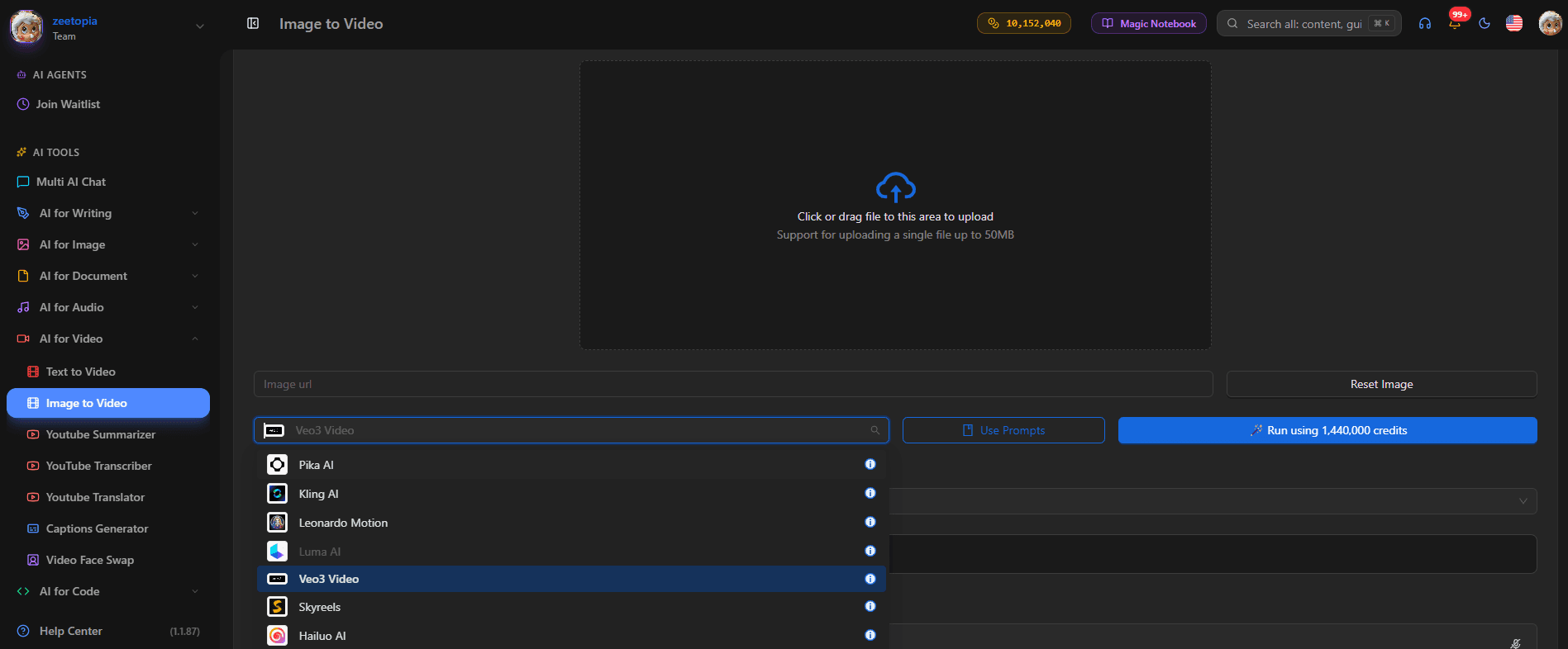 AI to Video workspace showing file upload and selected RunwayML model for content generation.