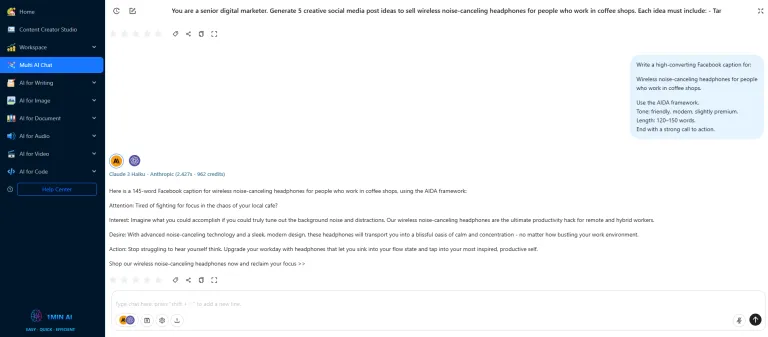 A digital workspace displaying message threads and an AI chatbot offering task suggestions.