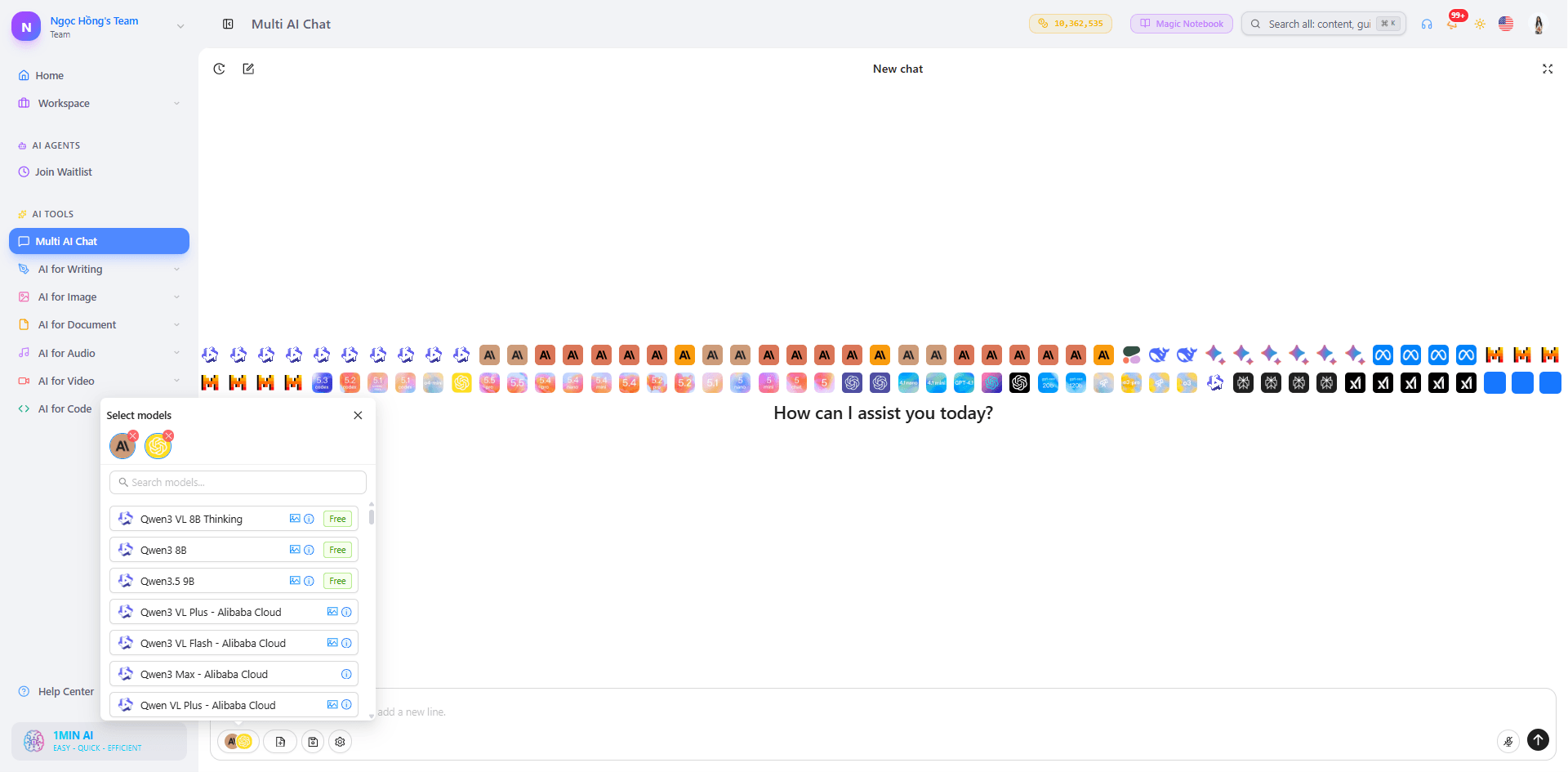 Digital chat interface with a contact list pop-up, emojis, and "How can I assist you today?"