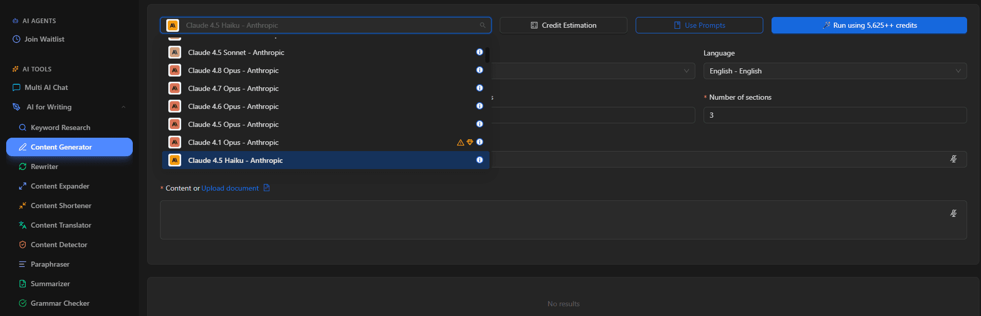 Dashboard of a content creation tool with 'Content Improver' active, showing document list and content settings.
