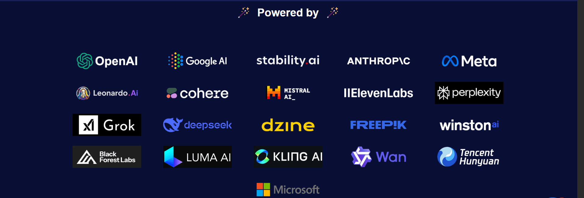 A collage of logos for AI and tech companies like OpenAI, Google AI, Meta, and Microsoft.
