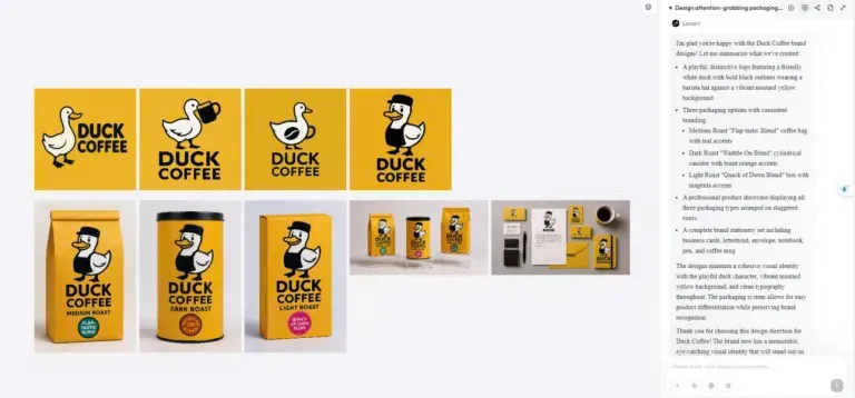 Duck Coffee branding displayed with various logo designs, packaging, and product applications on a yellow background.