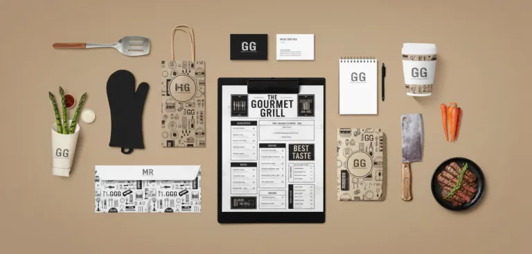 Branding elements for "The Gourmet Grill" including menu, bags, and kitchen tools.