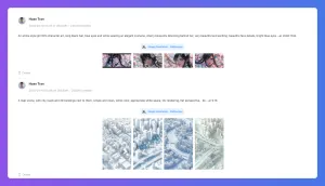Social media feed screenshot displaying two posts, each with text and four abstract image thumbnails.