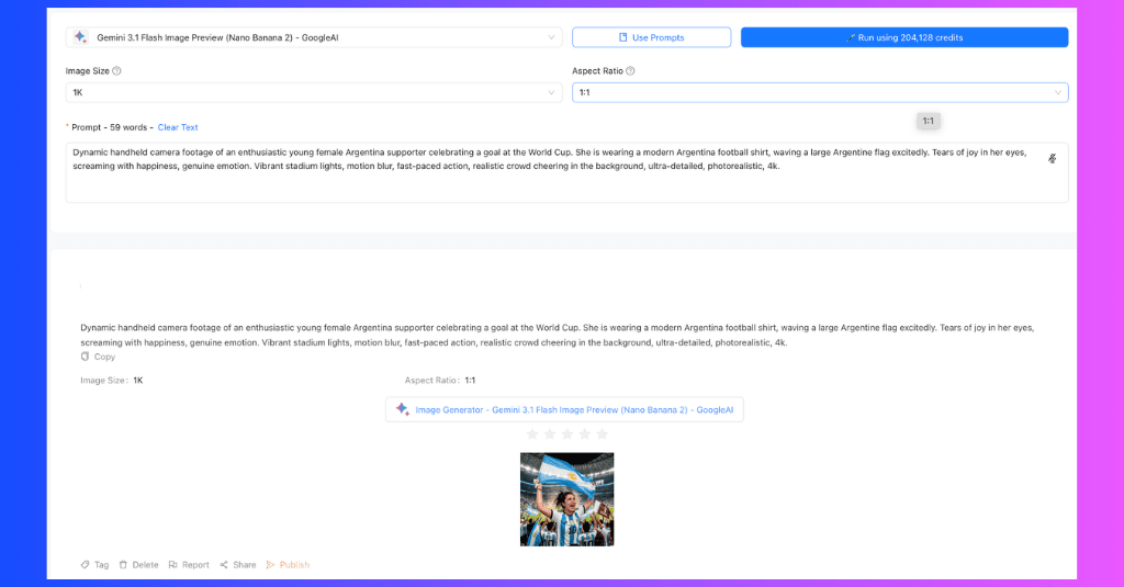 AI image generator interface with a prompt about an Argentine football star and a generated image.