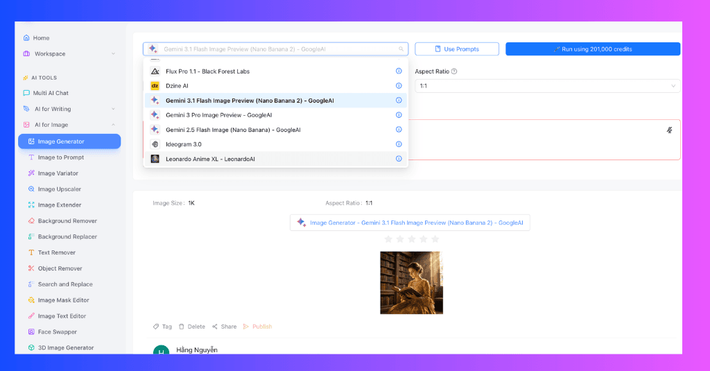 Software interface displaying image studio options and search results for processed photos.