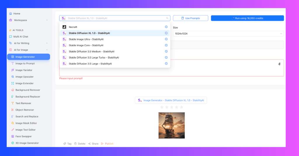 Image Generator UI showing a dropdown menu with 'Stable Diffusion XL' model options.