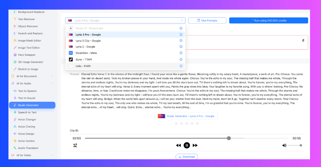 Text to Audio software interface showing text input, AI model selection, and an audio player.