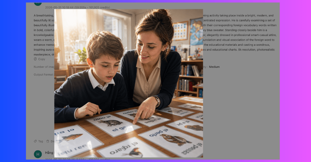 A woman helps a young boy learn vocabulary using illustrated cards at a sunny table.