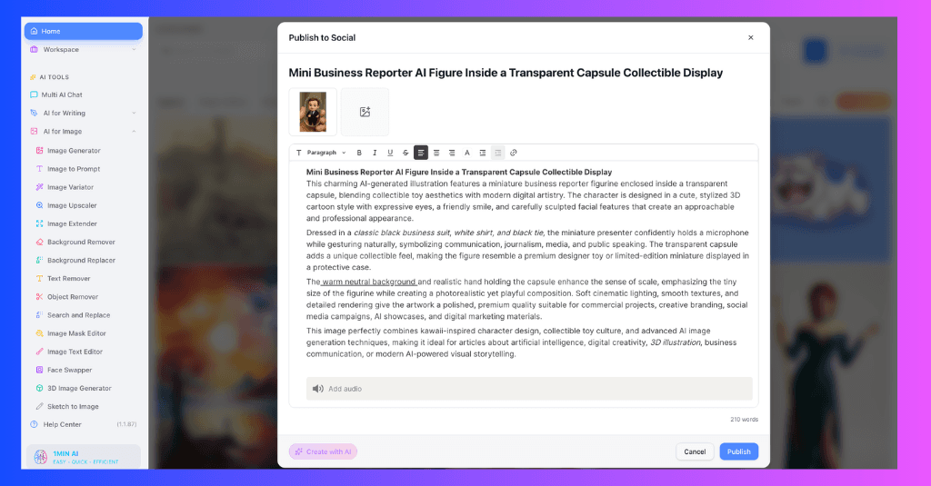 Content editor displaying a detailed article about a Mini Business Reporter AI Figure collectible.