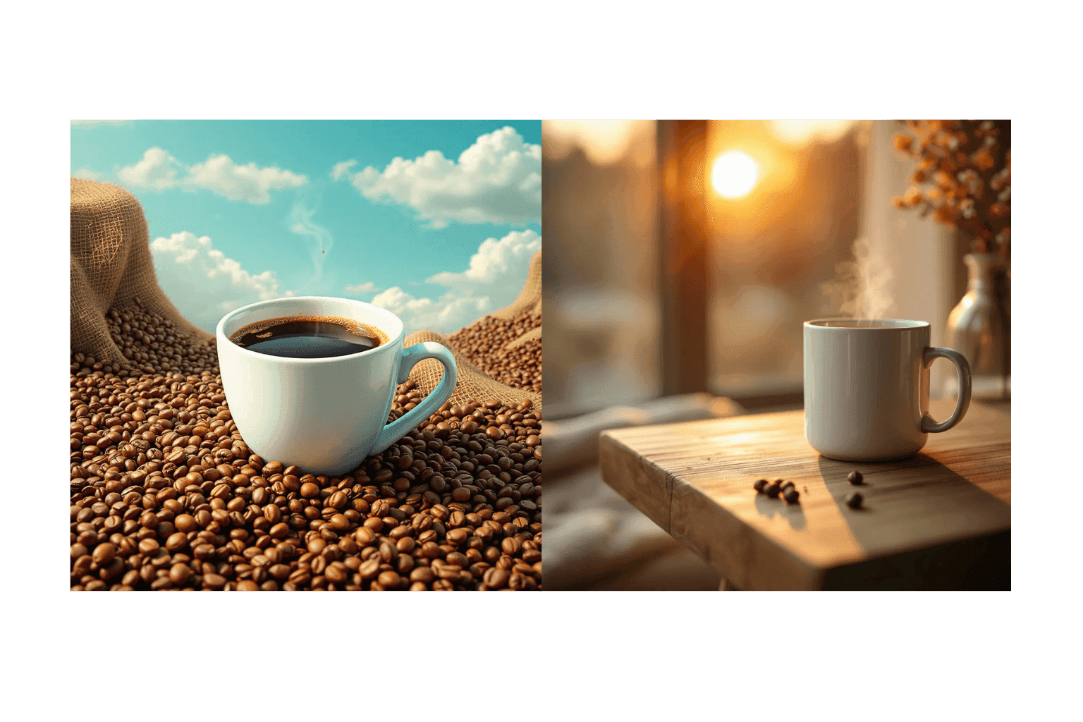 Two steaming coffee cups: one on coffee beans, the other by a window at sunset.