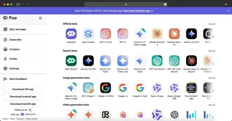 Poe desktop application interface showing categorized AI bots for search, image, and video.