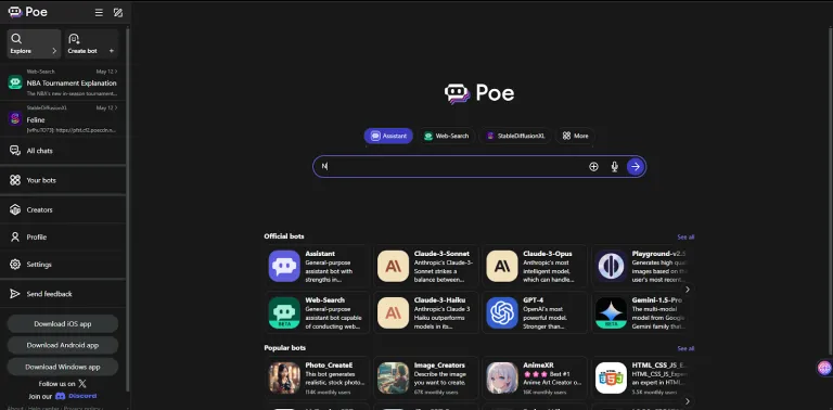 Poe AI bot platform interface displaying various bot suggestions and a central search bar.