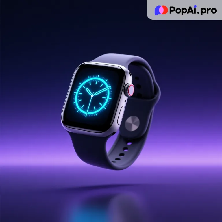 Silver smartwatch with dark band and glowing blue digital clock face on a purple background.