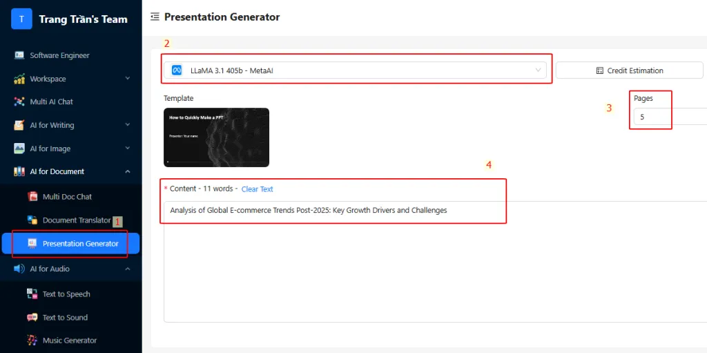Screenshot of a presentation generator tool with content and template selection fields.