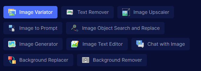 Dark interface displays AI image tool buttons: Variator, Upscaler, Generator, and Background Remover.