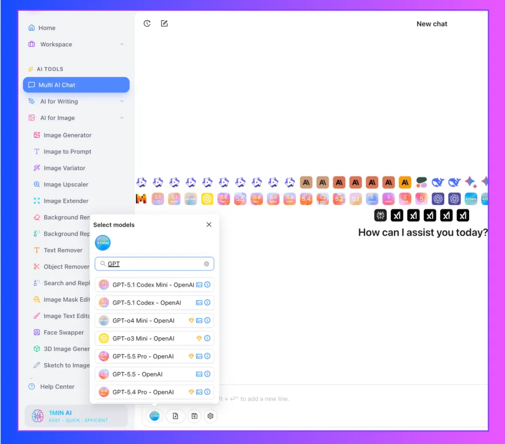 AI assistant interface with model selection, creative tools, and chat input.
