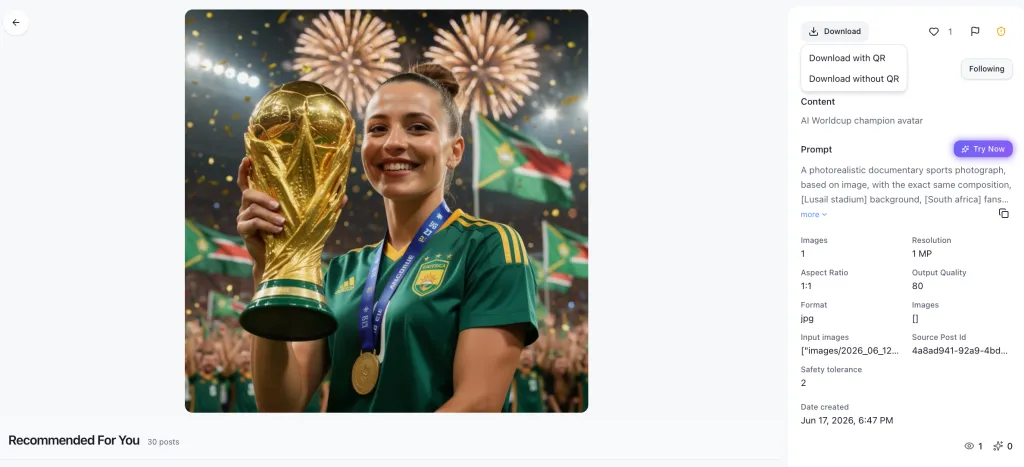 Smiling woman in green jersey celebrates with a gold World Cup trophy and fireworks.