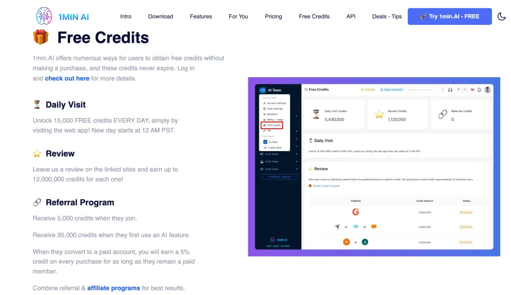 Webpage showing 'Free Credits' program details and a dashboard for managing credit earnings.