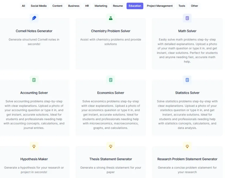 A web page displaying various AI education tools and problem solvers in a grid layout.