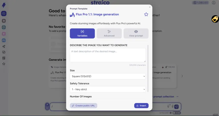 Dark mode UI for an AI image generation tool, with settings like style and description input.