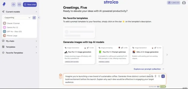 Stroico AI platform dashboard with content and image generation features and input prompt.
