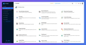 AI tool dashboard with navigation sidebar and grid of content creation features.