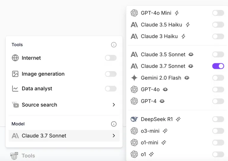 User interface showing AI model selection with toggles. Claude 3.7 Sonnet is enabled.