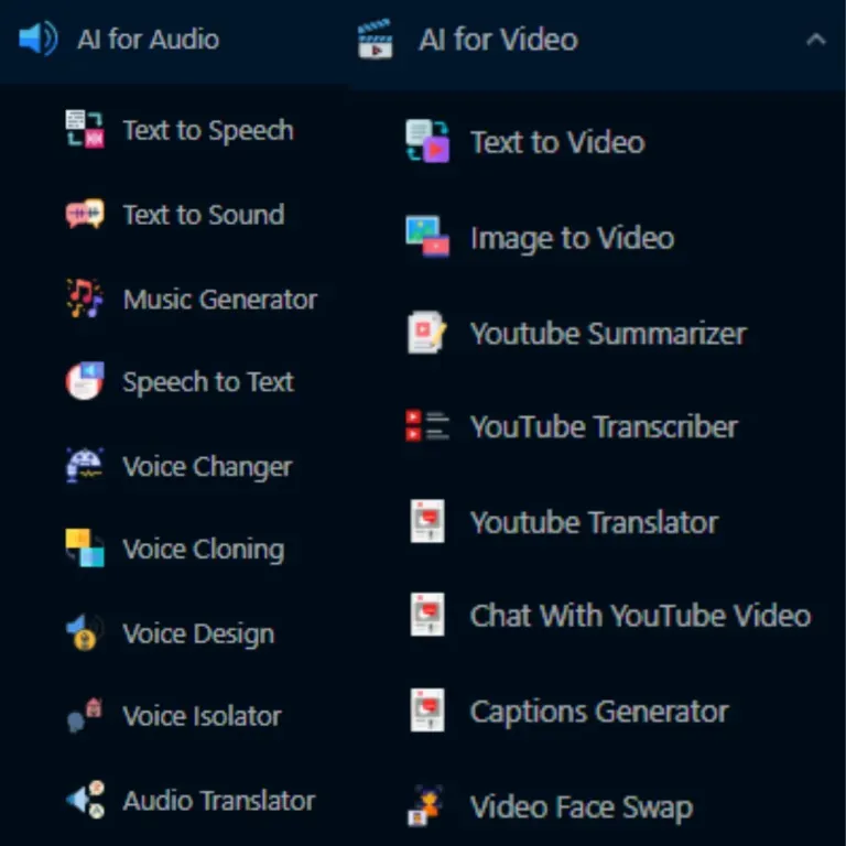 Menu displaying AI audio and video tools like text-to-speech, music generation, and YouTube functions.