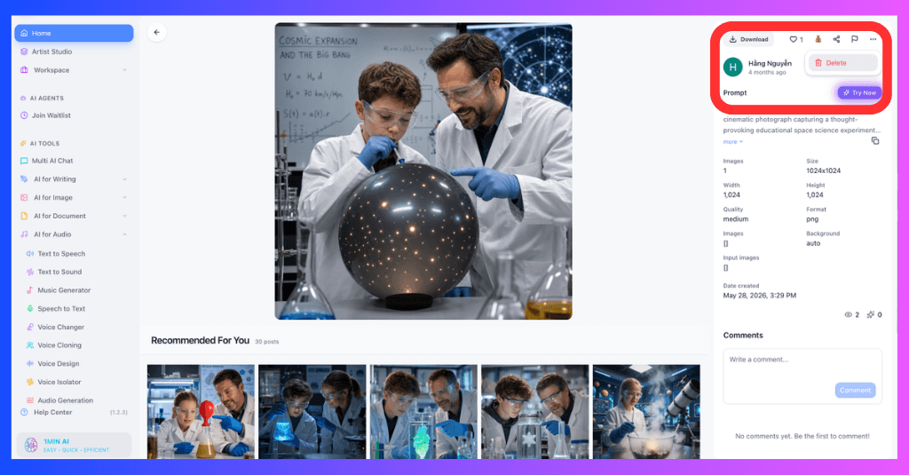 Two scientists in lab coats examine a glowing spherical object in a laboratory.