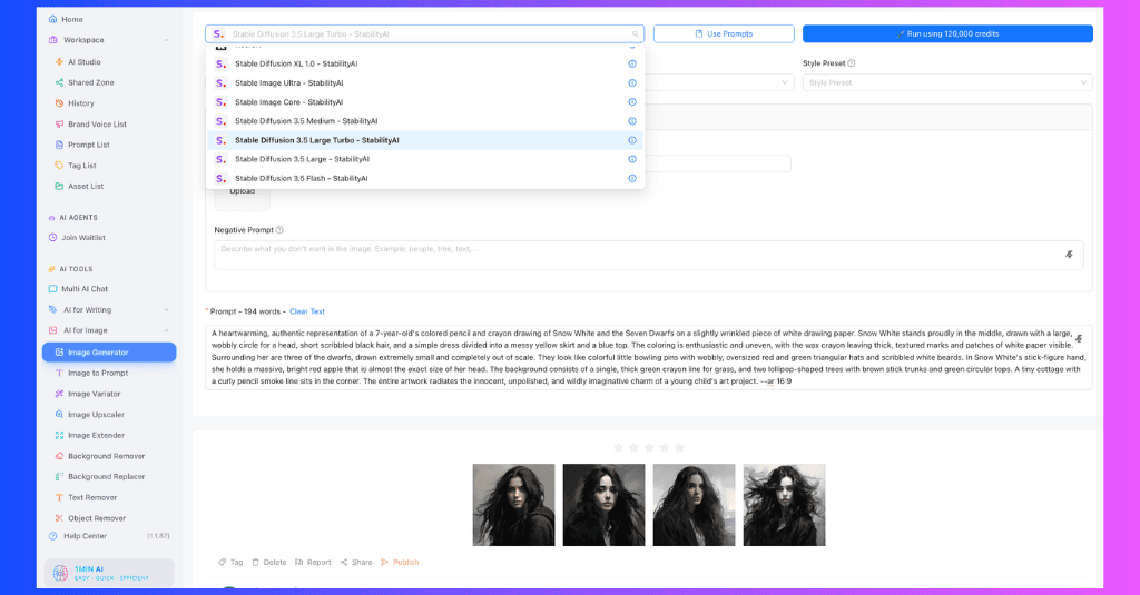 Software interface for AI image generation, with prompt input and four similar women's portraits.