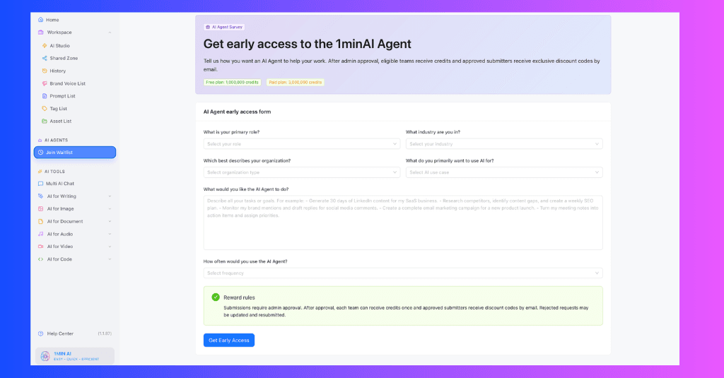 Web interface with a form to apply for early access to the TminAi Agent.