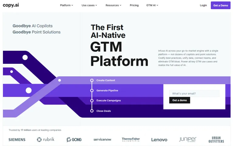 Copy.ai website homepage featuring 'The First AI-Native GTM Platform' and workflow steps.