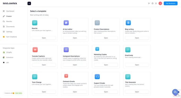 Dashboard view of content templates for marketing, branding, and customer support.