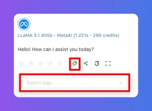 MetaAI LLaMA 3.1 chatbot interface showing a greeting and a 'Select tags' input field.