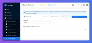 An AI application dashboard showing the Content Detector tool with a sample text input.