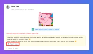 Digital interface showing a cartoon pig image denied due to a policy violation.
