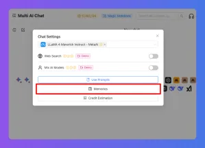 Chat Settings pop-up showing 'Save Prompt' and 'Memories' options in an AI chat application.