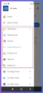 Mobile app menu showing navigation options including Workspace, Shared Docs, and AI Tools.