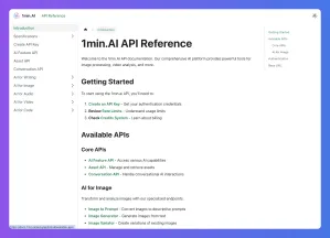 Página de documentación de referencia de la API de 1min.AI que muestra las API disponibles y la guía de inicio.