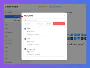 Una ventana emergente 'Tus Chats' muestra una lista de conversaciones de IA pasadas para su gestión.
