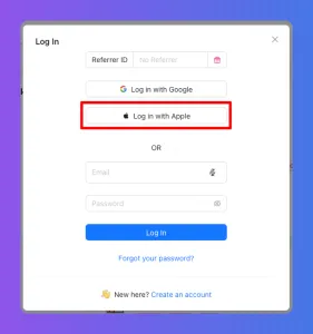 Login screen with options to sign in, featuring a highlighted 'Log in with Apple' button.