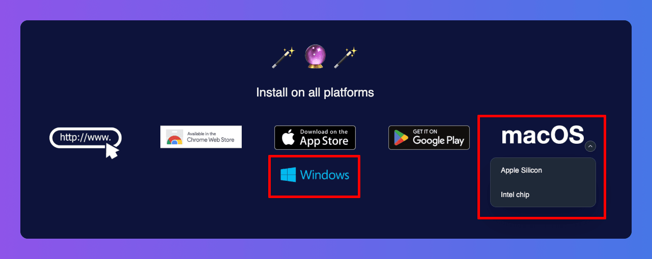 Opciones de instalación de software para Windows, macOS, Apple Silicon, chip Intel y plataformas móviles.