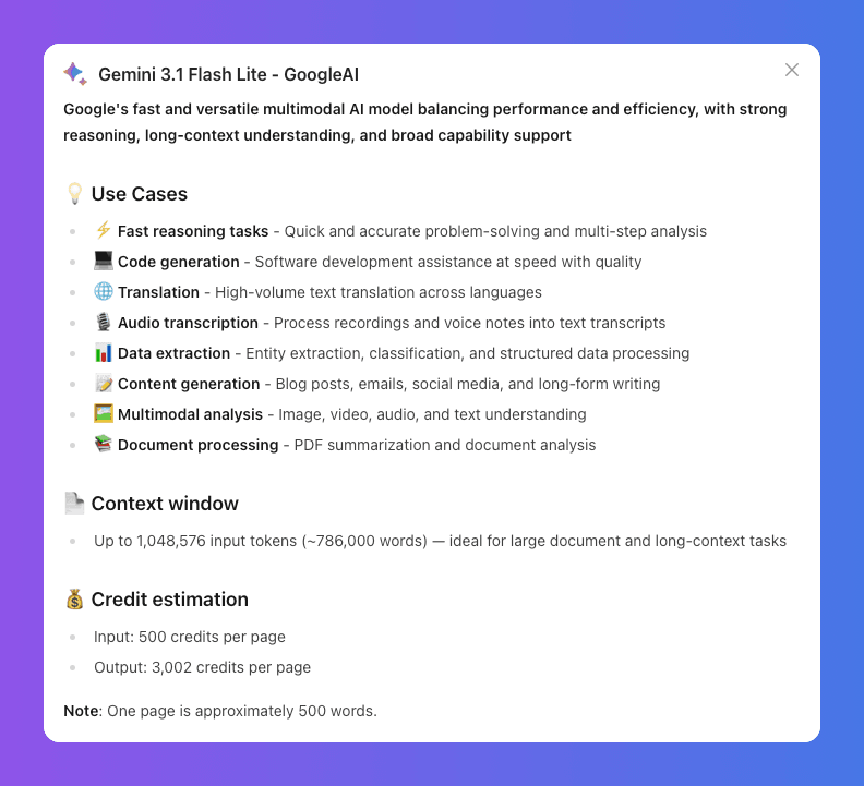 Gemini 1.5 Flash Lite AI model details, including use cases, context window, and credit estimation.