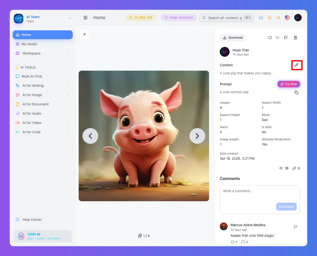 Cute cartoon baby pig smiling in a social media interface with editing options.